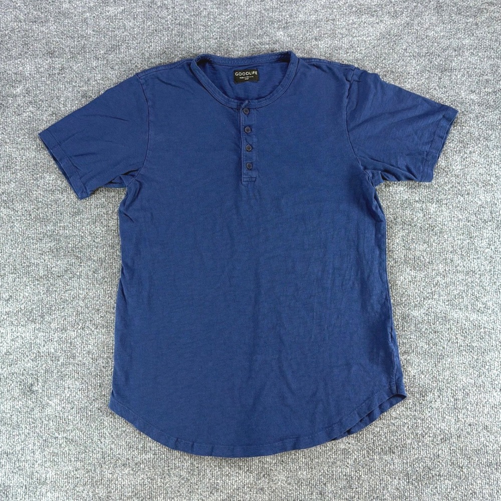 Goodlife Mens Large Navy Blue Slub Cotton Short Sleeve Scalloped Henley Shirt